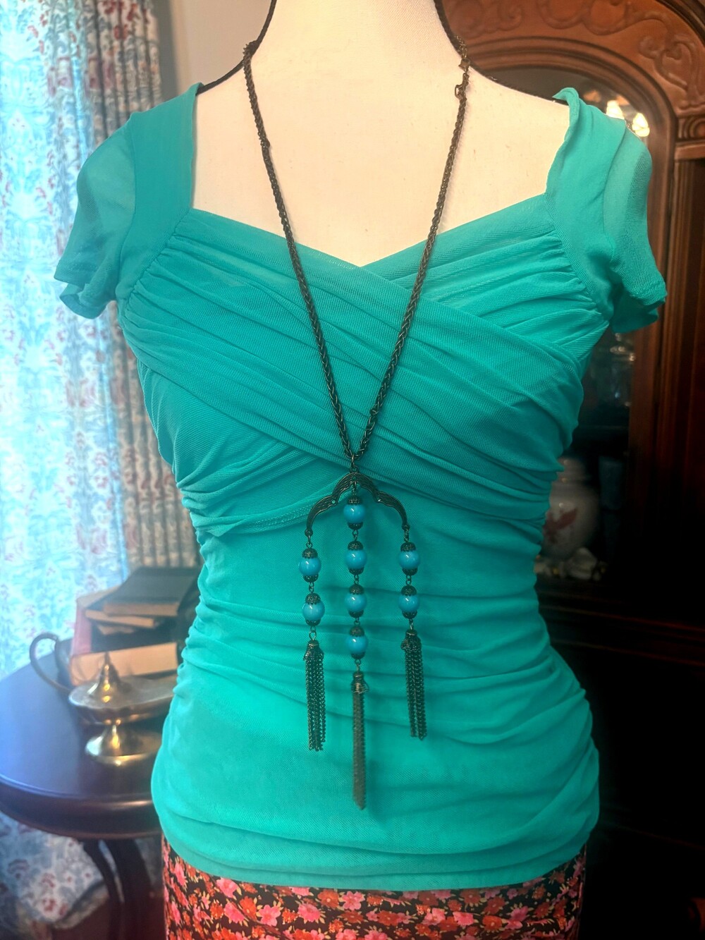 Turquoise Short Sleeve Top Ruched Front Lightweight Fabric